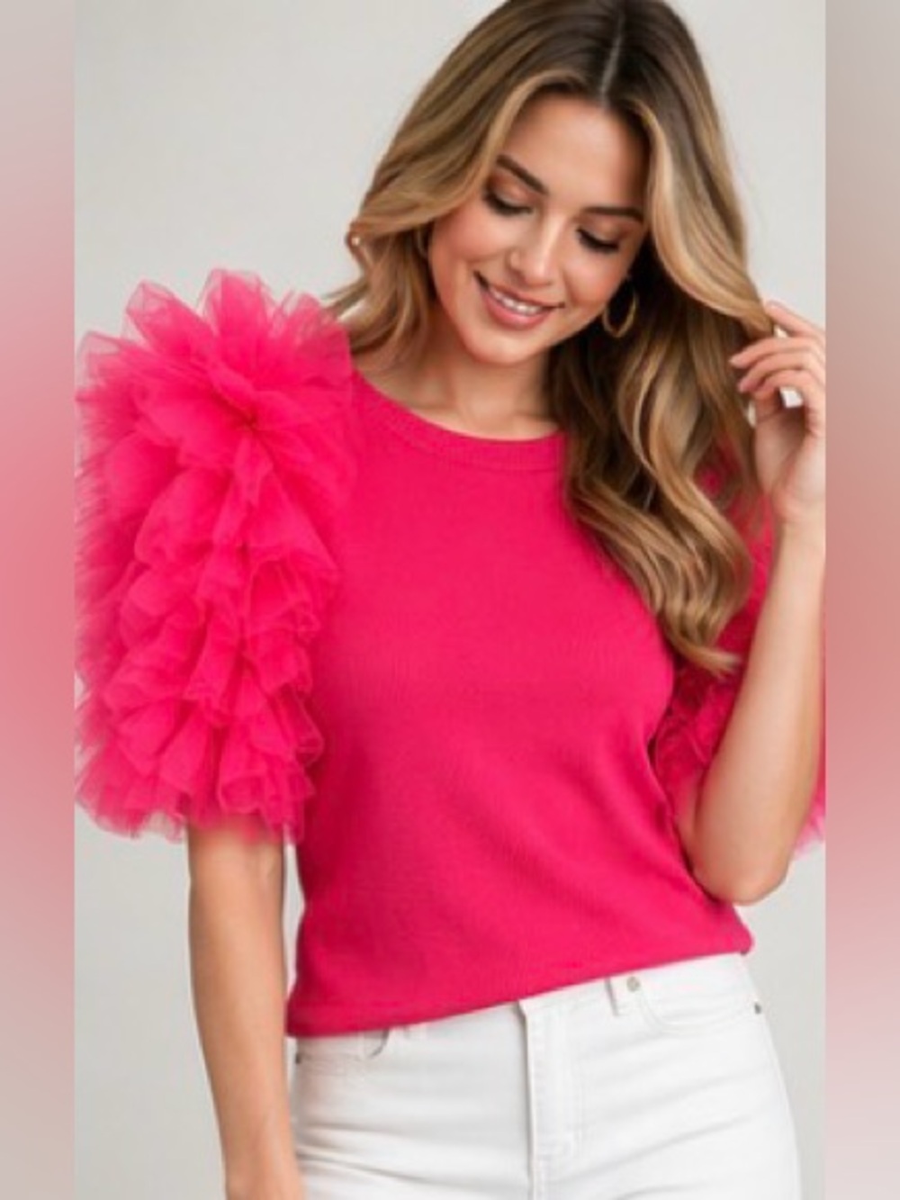 Entro NWT Hot Pink Tulle Ruffle Sleeve Statement Top S Barbiecore T20769